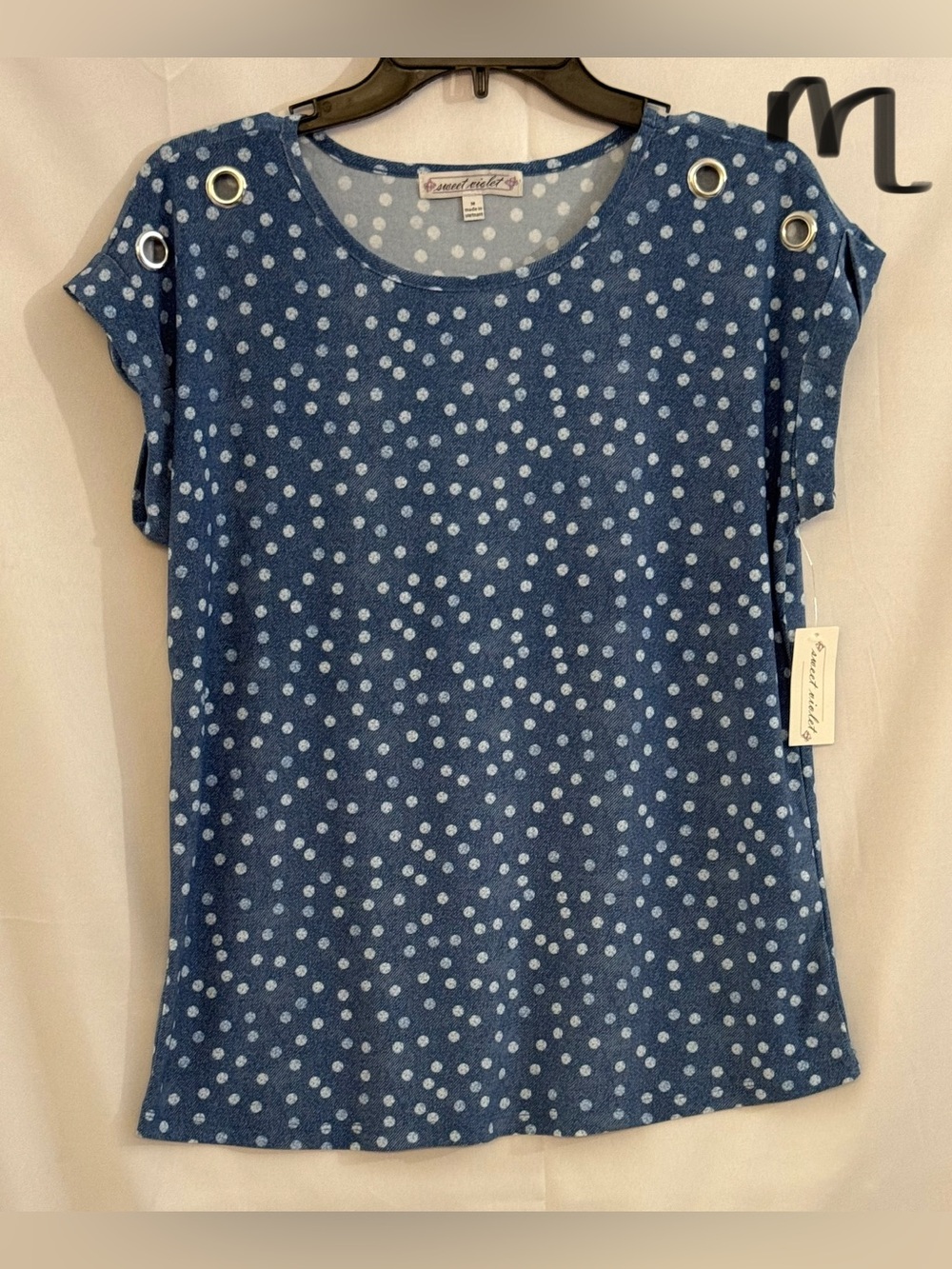 Sweet Rain Navy Polka Dot Short Sleeve Tee with Grommet Detail